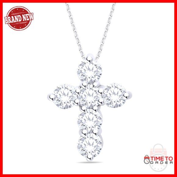 Round Cut Moissanite Cross Pendant Necklace 14K Gold Over Silver Elegant